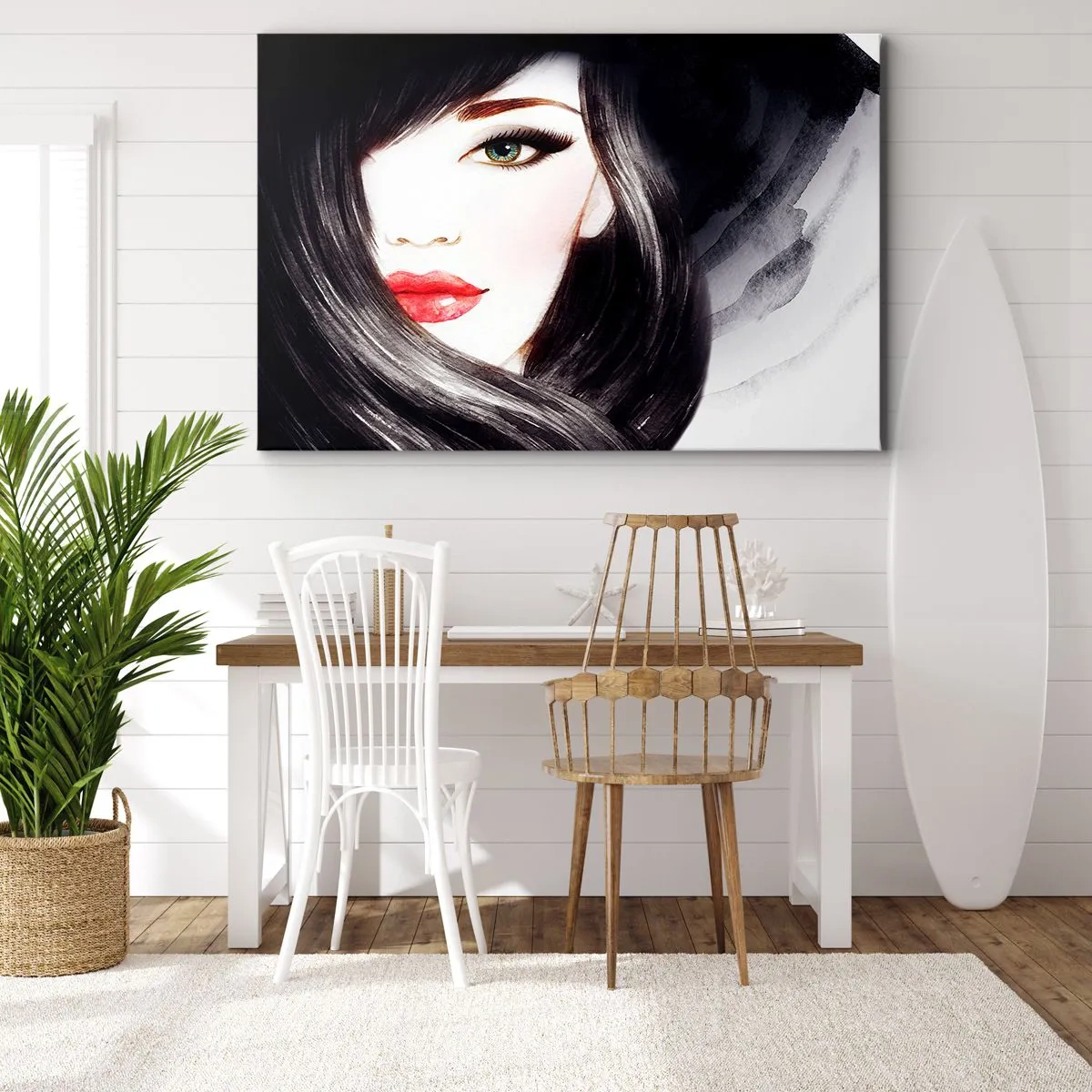 Obraz na płótnie - Portret kobiety z wyrazistym spojrzeniem i czerwonymi ustami - 70x50cm - Szafirowe spojrzenie - Nowoczesna dekoracja ścienna do salonu i sypialni ARTTOR