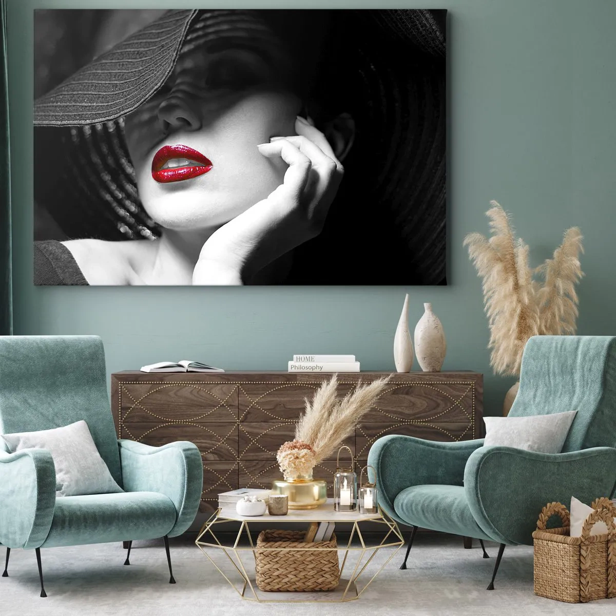 Obraz na płótnie - Czarno-biały portret kobiety z czerwonymi ustami - 100x70cm - Studium w szkarłacie - Nowoczesna dekoracja ścienna do salonu, kuchni i sypialni ARTTOR