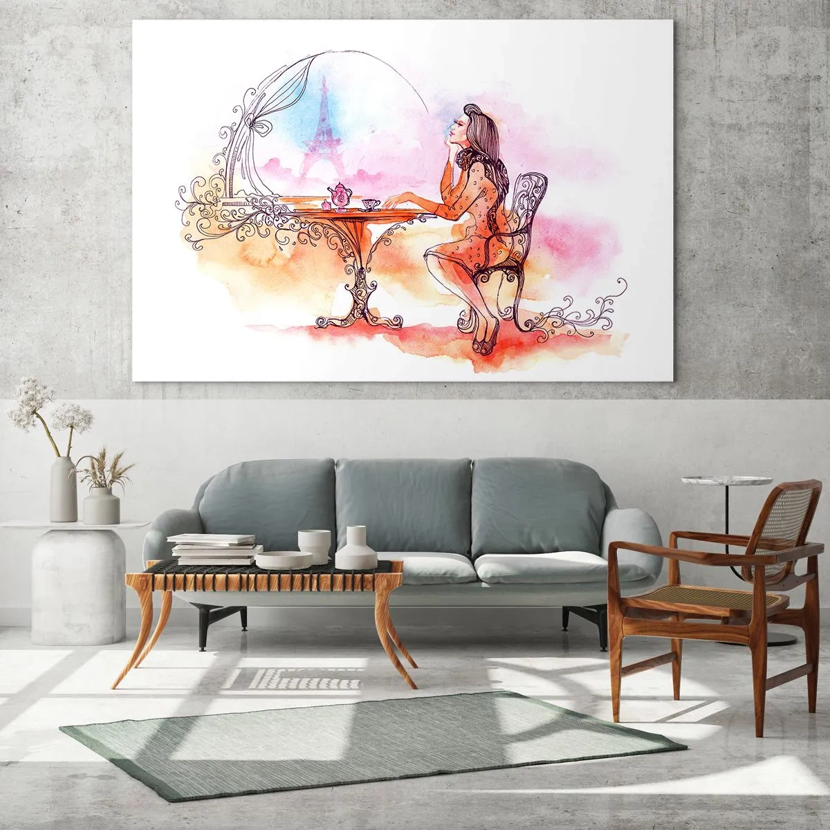 Obraz na szkle - Kobieta przy stoliku z widokiem na Wieżę Eiffla w pastelowej tonacji - 70x50cm - Paryski szyk - Nowoczesna dekoracja ścienna do salonu i sypialni ARTTOR