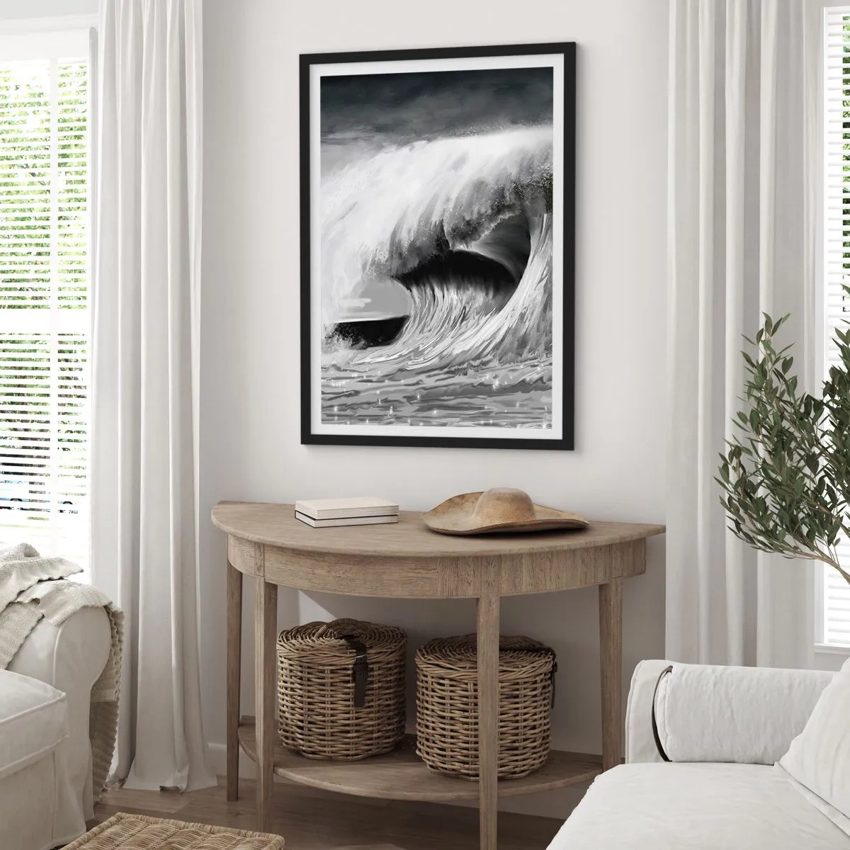 Plakat w czarnej ramie - Potężna fala w odcieniach szarości - 50x70cm - Gniew oceanu - Nowoczesna dekoracja ścienna do salonu i sypialni ARTTOR