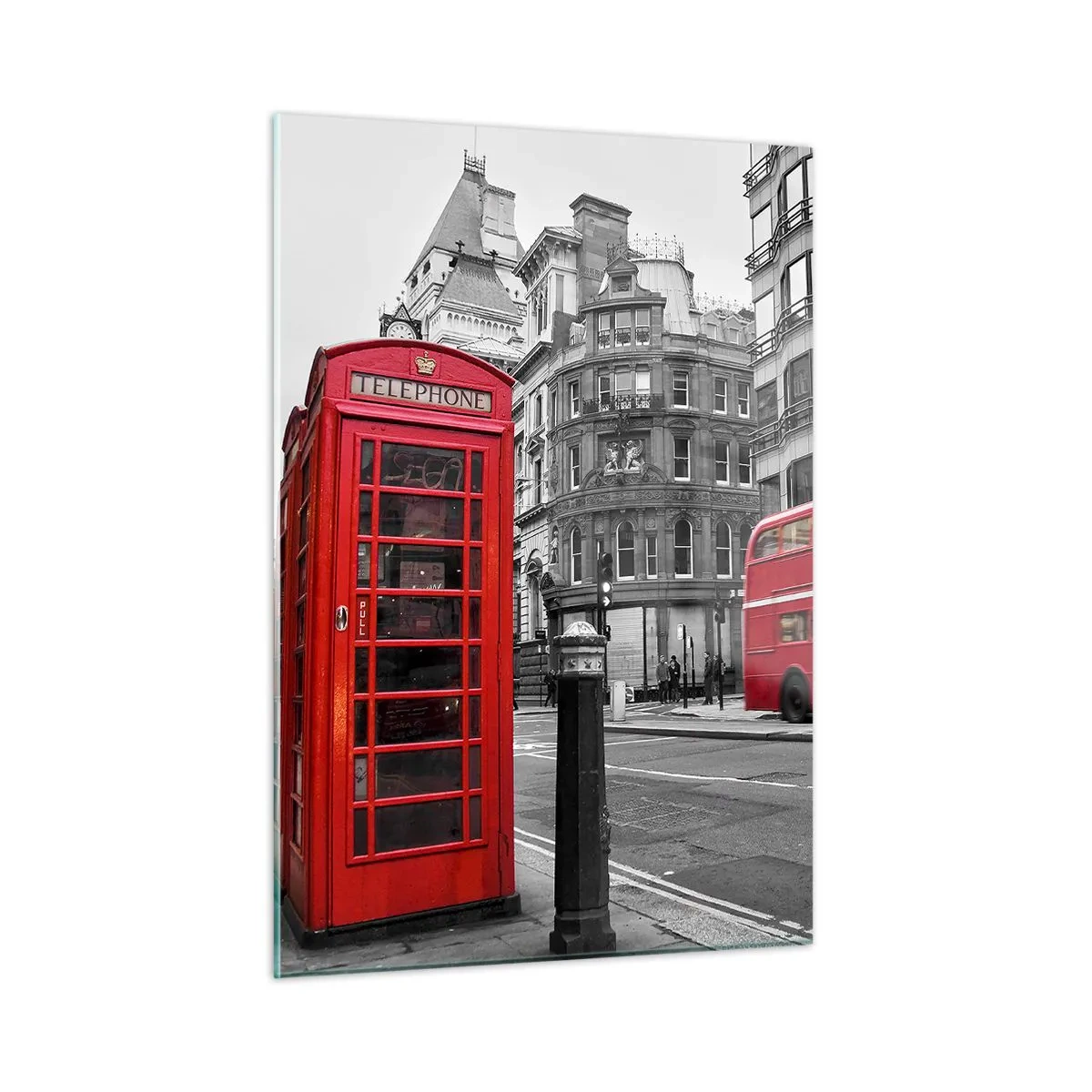 Obraz na szkle - Czerwona budka telefoniczna i autobus w Londynie - 50x70cm - Najczerwieńsze w Europie - Nowoczesna dekoracja ścienna do salonu, kuchni i sypialni ARTTOR