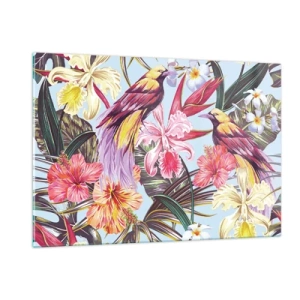 Obraz na szkle - Egzotyczne ptaki i kwiaty na jasnym tle - 120x80cm - Płatki i piórka - Nowoczesna dekoracja ścienna do salonu, kuchni i sypialni ARTTOR