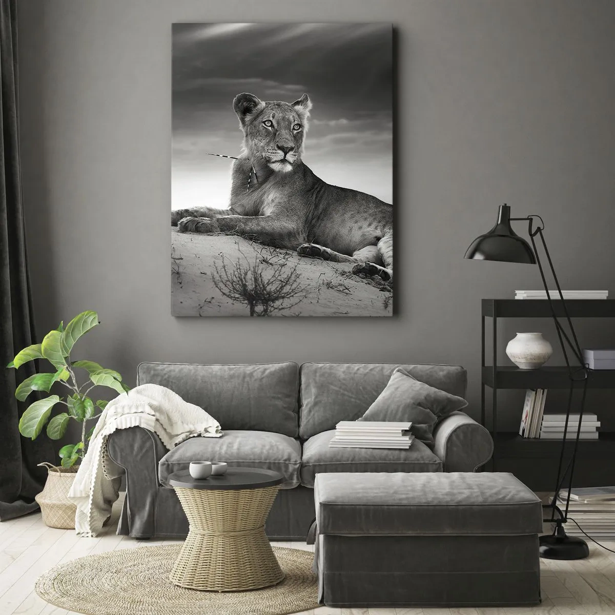 Obraz na płótnie - Czarno-biały portret lwicy na sawannie - 80x120cm - Odpoczynek królowej pustyni - Nowoczesna dekoracja ścienna do salonu i sypialni ARTTOR