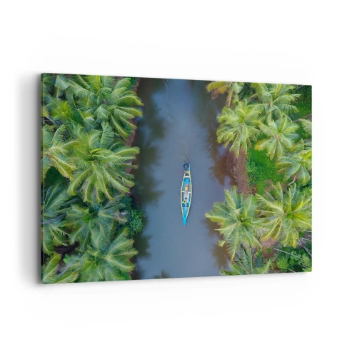 Obraz na płótnie - Łódź na rzece otoczonej palmami z lotu ptaka - 120x80cm - Na tropikalnym szlaku - Nowoczesna dekoracja ścienna do salonu, kuchni i sypialni ARTTOR