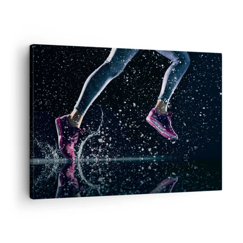 Obraz na płótnie - Dynamiczne ujęcie biegu w deszczu na czarnym tle - 70x50cm - Ile sił w nogach - Nowoczesna dekoracja ścienna do salonu i sypialni ARTTOR