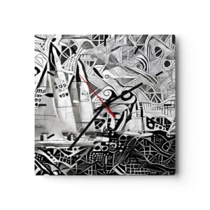 Zegar ścienny - Abstrakcyjne żaglówki w monochromatycznej kompozycji - 30x30cm - Między falami - Nowoczesna dekoracja ścienna do salonu i sypialni ARTTOR