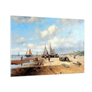 Obraz na szkle - Scena na plaży z łodziami rybackimi i ludźmi po połowie - 100x70cm - Po udanym połowie - Nowoczesna dekoracja ścienna do salonu, kuchni i sypialni ARTTOR