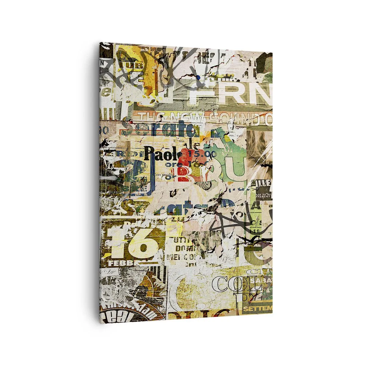 Obraz na płótnie - Kolaż z fragmentami gazet i plakatów w artystycznym stylu - 70x100cm - Oj, dzieje się… - Nowoczesna dekoracja ścienna do salonu i sypialni ARTTOR