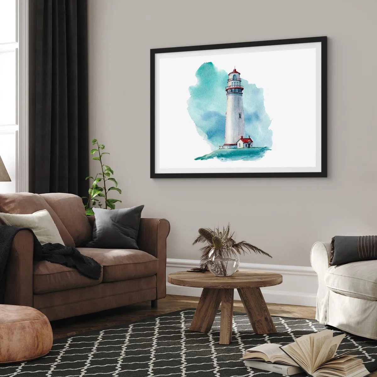 Plakat w czarnej ramie - Latarnia morska na tle akwarelowego błękitu - 100x70cm - Łagodna siostra błękitu - Nowoczesna dekoracja ścienna do salonu i sypialni ARTTOR