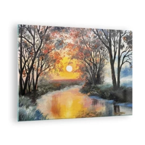 Obraz na szkle - Zachód słońca nad rzeką wśród drzew - 70x50cm - Jesienne klimaty - Nowoczesna dekoracja ścienna do salonu i sypialni ARTTOR