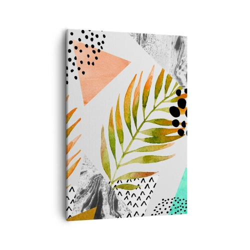 Obraz na płótnie - Abstrakcyjna kompozycja z liściem palmy - 50x70cm - Dekoracja z palmowym liściem - Nowoczesna dekoracja ścienna do salonu, kuchni i sypialni ARTTOR