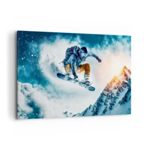 Obraz na płótnie - Snowboardzista w locie nad ośnieżonymi górami - 100x70cm - Ekstremalne emocje - Nowoczesna dekoracja ścienna do salonu, kuchni i sypialni ARTTOR