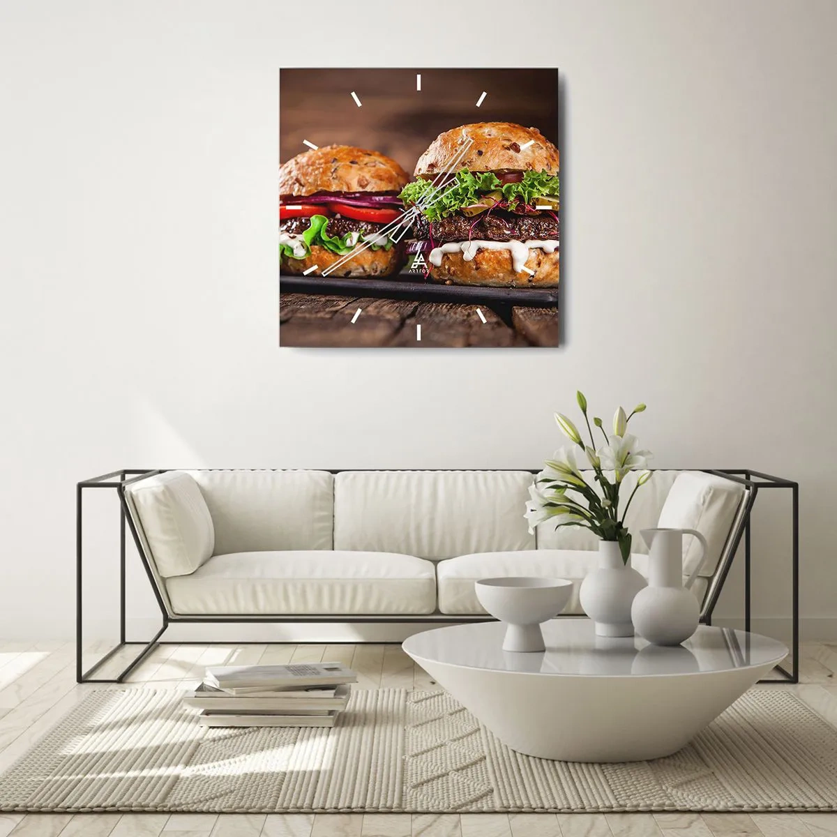 Zegar ścienny - Apetyczne burgery z warzywami i sosem - 30x30cm - American dream - Nowoczesna dekoracja ścienna do salonu i sypialni ARTTOR