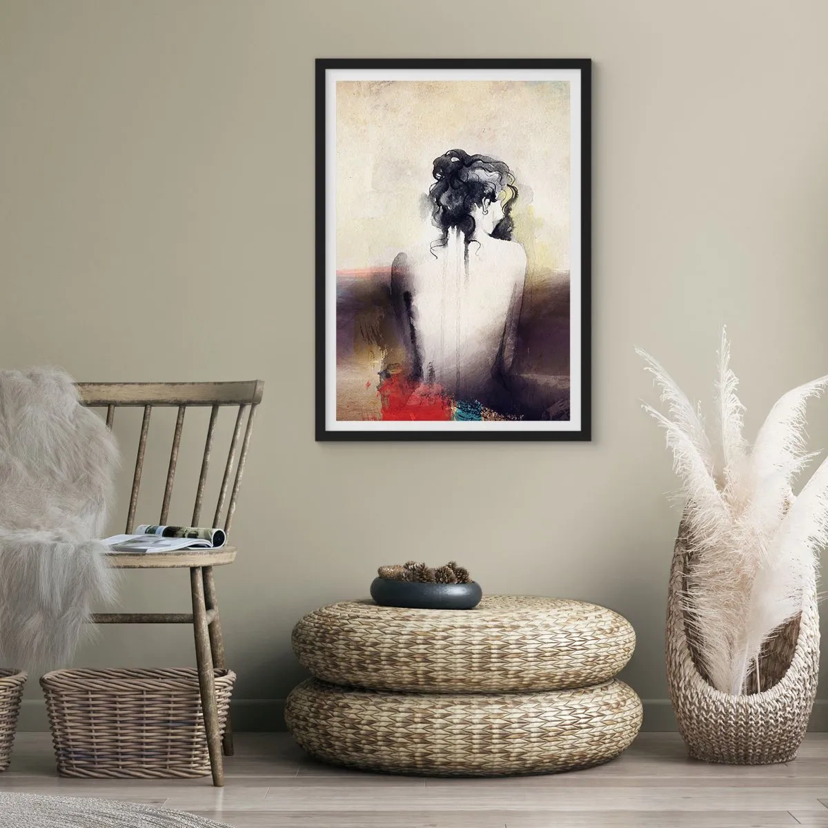 Plakat w czarnej ramie - Artystyczny portret kobiety od tyłu w stonowanych barwach - 50x70cm - Łagodne linie, owalne kształty - Nowoczesna dekoracja ścienna do salonu i sypialni ARTTOR