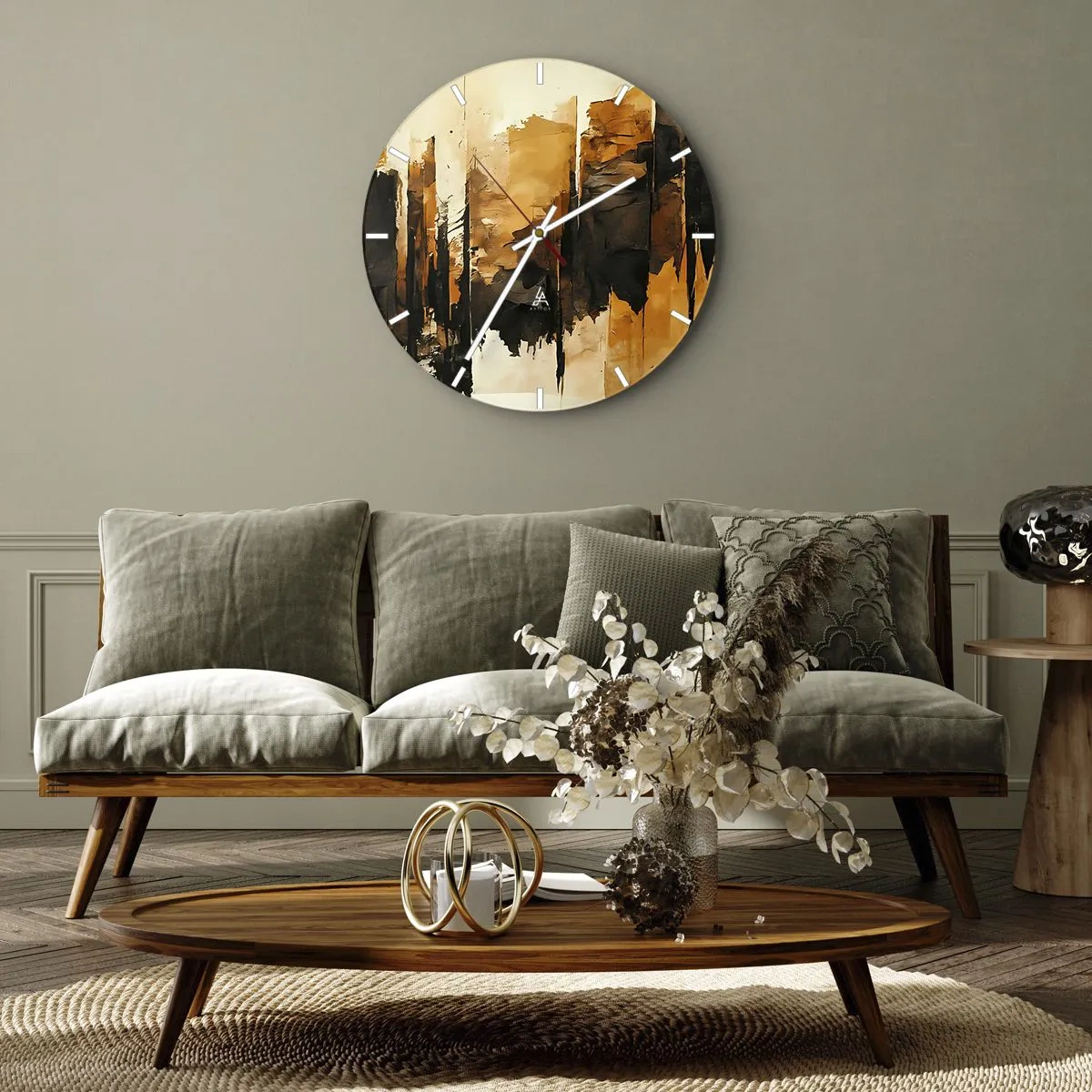 Zegar ścienny - Abstrakcyjna kompozycja w odcieniach czerni i złota - 30x30cm - Harmonia czerni i złota - Nowoczesna dekoracja ścienna do salonu, kuchni i sypialni ARTTOR