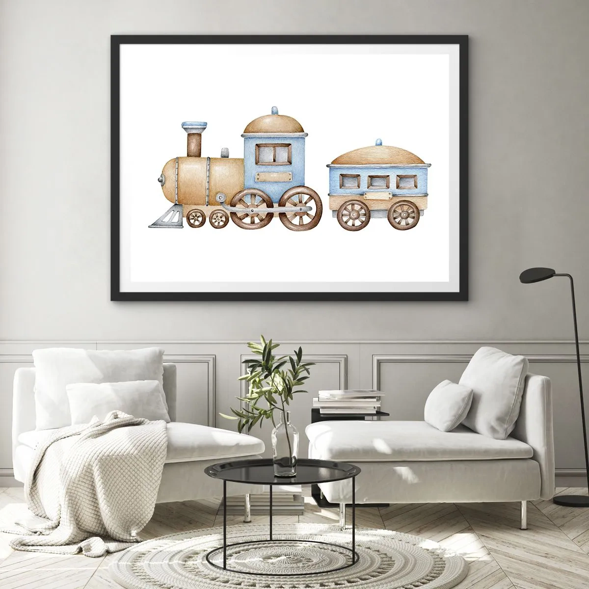 Plakat w czarnej ramie - Rysunek pociągu w pastelowych odcieniach na białym tle - 70x50cm - Stoi na stacji... - Nowoczesna dekoracja ścienna do salonu i sypialni ARTTOR