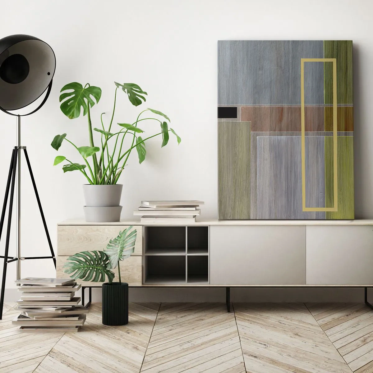 Obraz na płótnie - Geometryczna abstrakcja w stonowanych barwach z akcentami złota - 50x70cm - Prosto i spokojnie - Nowoczesna dekoracja ścienna do salonu, kuchni i sypialni ARTTOR
