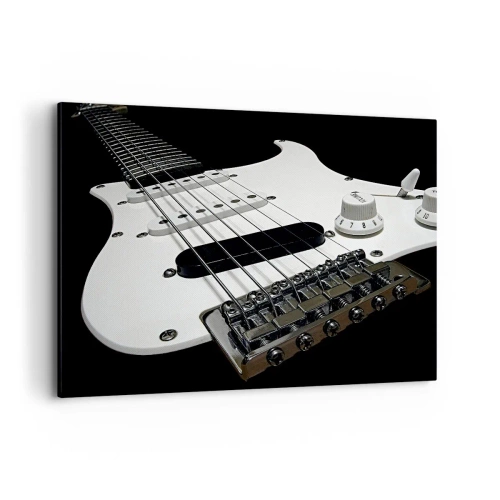 Obraz na płótnie - Biała gitara elektryczna w zbliżeniu na czarnym tle. - 120x80cm - Ukryty w bieli dźwięk - Nowoczesna dekoracja ścienna do salonu, kuchni i sypialni ARTTOR