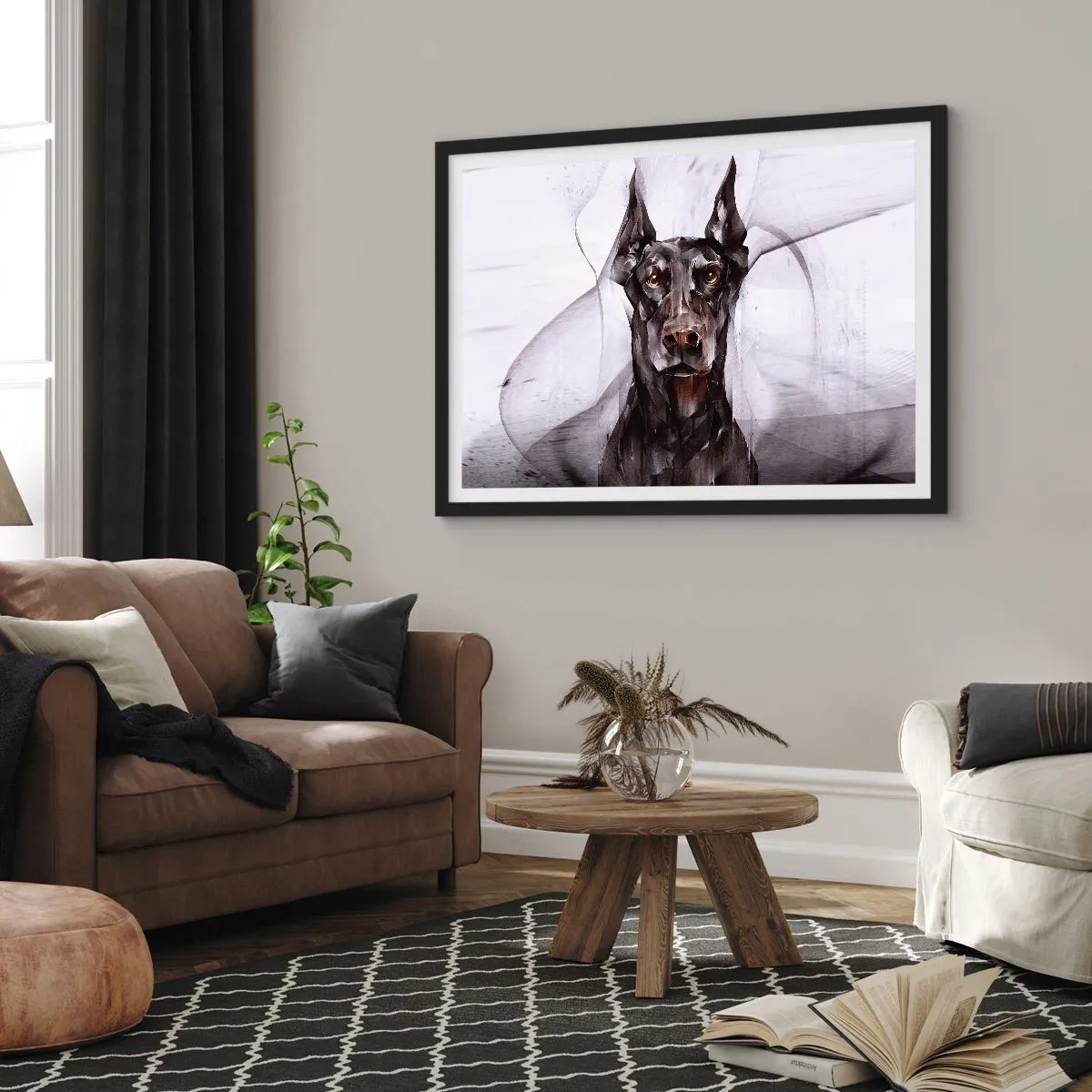 Plakat w czarnej ramie - Abstrakcyjny portret psa w artystycznym ujęciu - 100x70cm - Szlachetnie urodzony - Nowoczesna dekoracja ścienna do salonu i sypialni ARTTOR