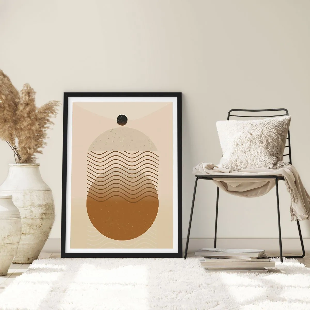 Plakat w czarnej ramie - Minimalistyczny wzór z falami i geometrycznymi kształtami - 50x70cm - O pochodzeniu figur geometrycznych - Nowoczesna dekoracja ścienna do salonu i sypialni ARTTOR
