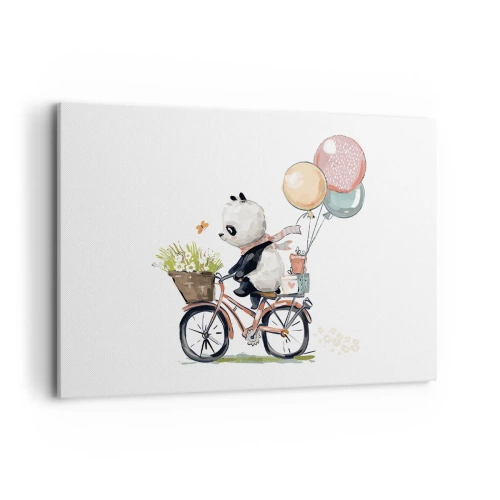 Obraz na płótnie - Panda na rowerze z balonami i kwiatami - 120x80cm - Szczęśliwy dzień - Nowoczesna dekoracja ścienna do salonu, kuchni i sypialni ARTTOR
