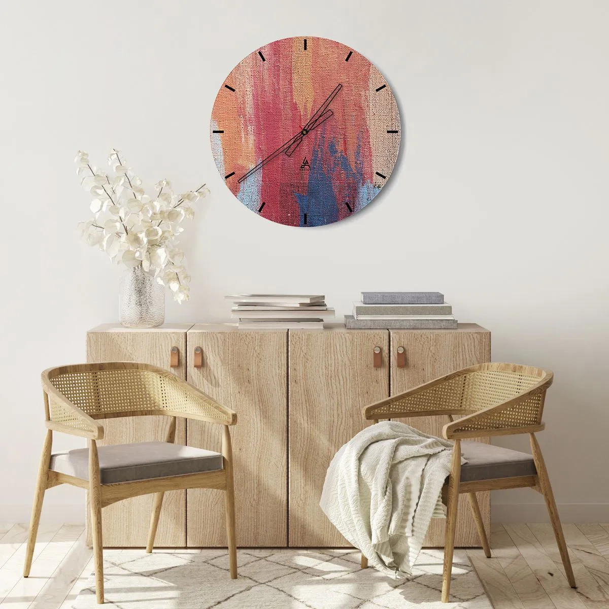 Zegar ścienny - Kolorowe pociągnięcia farby na fakturze płótna - 30x30cm - Spłynąć tęczą - Nowoczesna dekoracja ścienna do salonu, kuchni i sypialni ARTTOR