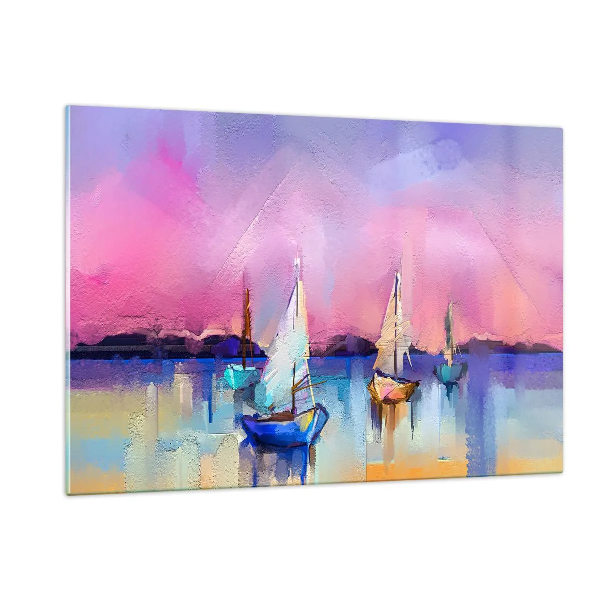 Obraz na szkle - Abstrakcyjna marina z żaglówkami o zachodzie słońca - 120x80cm - Kierunek: szerokie wody - Nowoczesna dekoracja ścienna do salonu, kuchni i sypialni ARTTOR