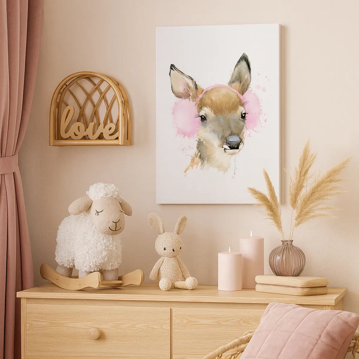 Obraz na płótnie - Akwarelowa ilustracja jelonka w różowych nausznikach - 50x70cm - I mróz już niestraszny - Nowoczesna dekoracja ścienna do salonu, kuchni i sypialni ARTTOR