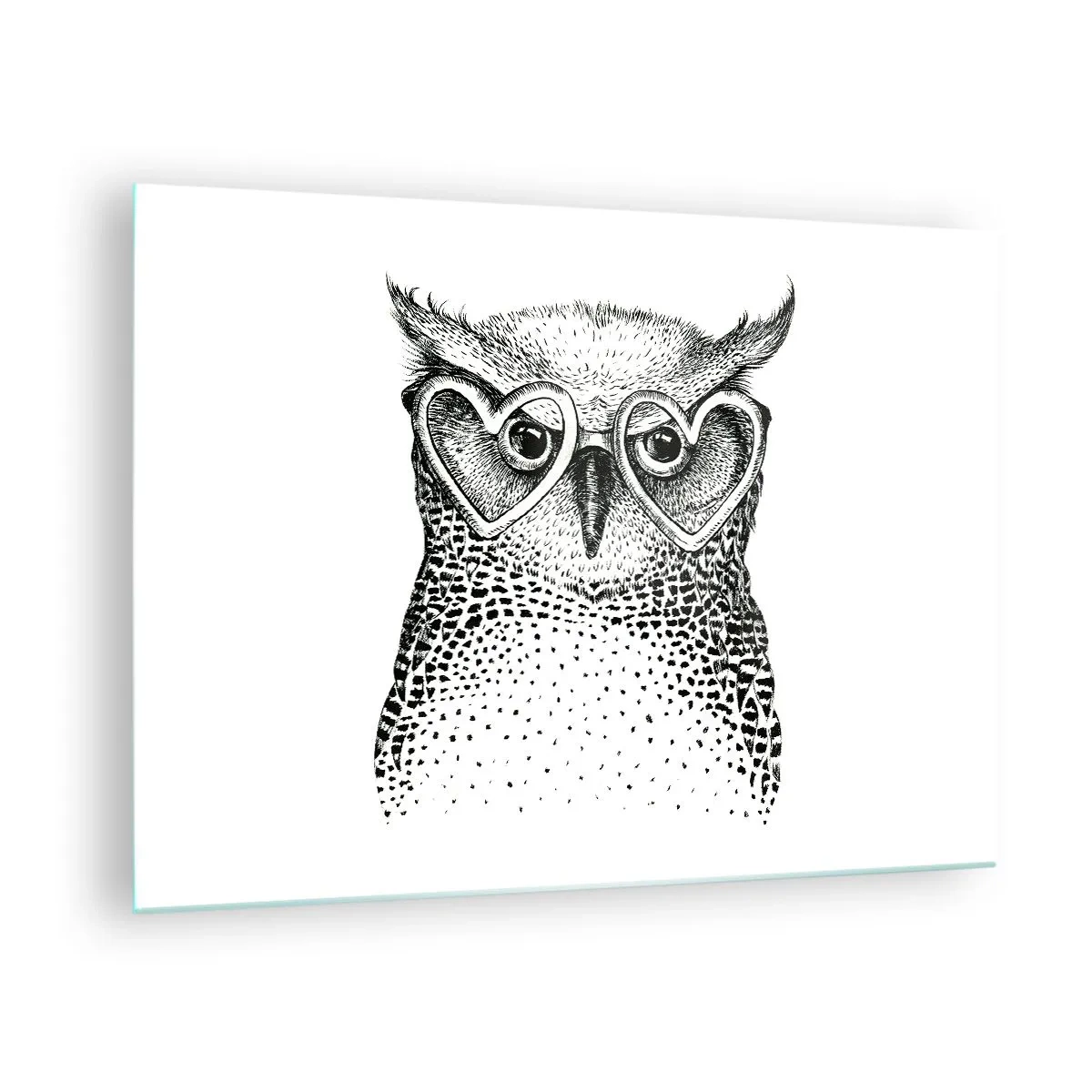 Obraz na szkle - Ilustracja przedstawiająca sowę w okularach w kształcie serca - 70x50cm - Mądrze i z miłością - Nowoczesna dekoracja ścienna do salonu i sypialni ARTTOR