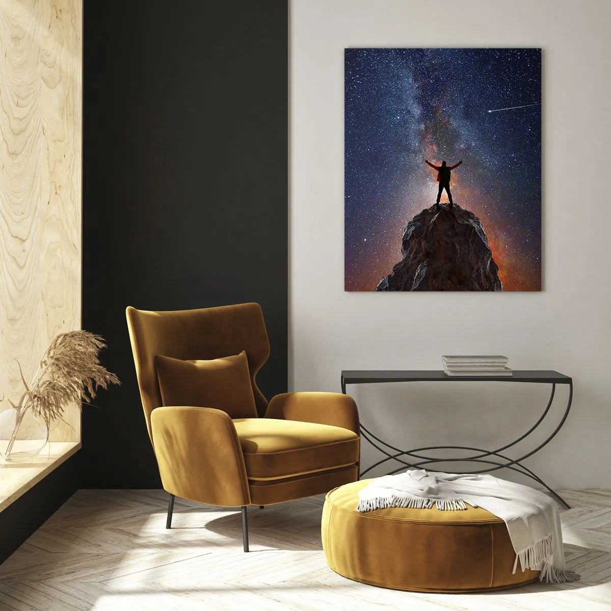Obraz na szkle - Sylwetka człowieka na szczycie skały pod rozgwieżdżonym niebem - 50x70cm - Moc jest ze mną! - Nowoczesna dekoracja ścienna do salonu, kuchni i sypialni ARTTOR