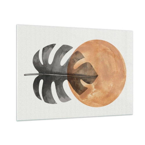 Obraz na szkle - Liść monstery i pomarańczowe koło w stylu graficznym na białym tle - 100x70cm - Zawsze słońce - Nowoczesna dekoracja ścienna do salonu, kuchni i sypialni ARTTOR