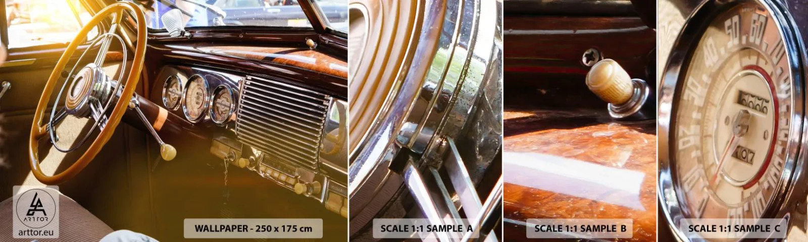Fototapeta Próbka Standard Eco - Powiew luksusu z przeszłości - Samochód Vintage, Motoryzacja, Deska Rozdzielcza - 100x30 cm