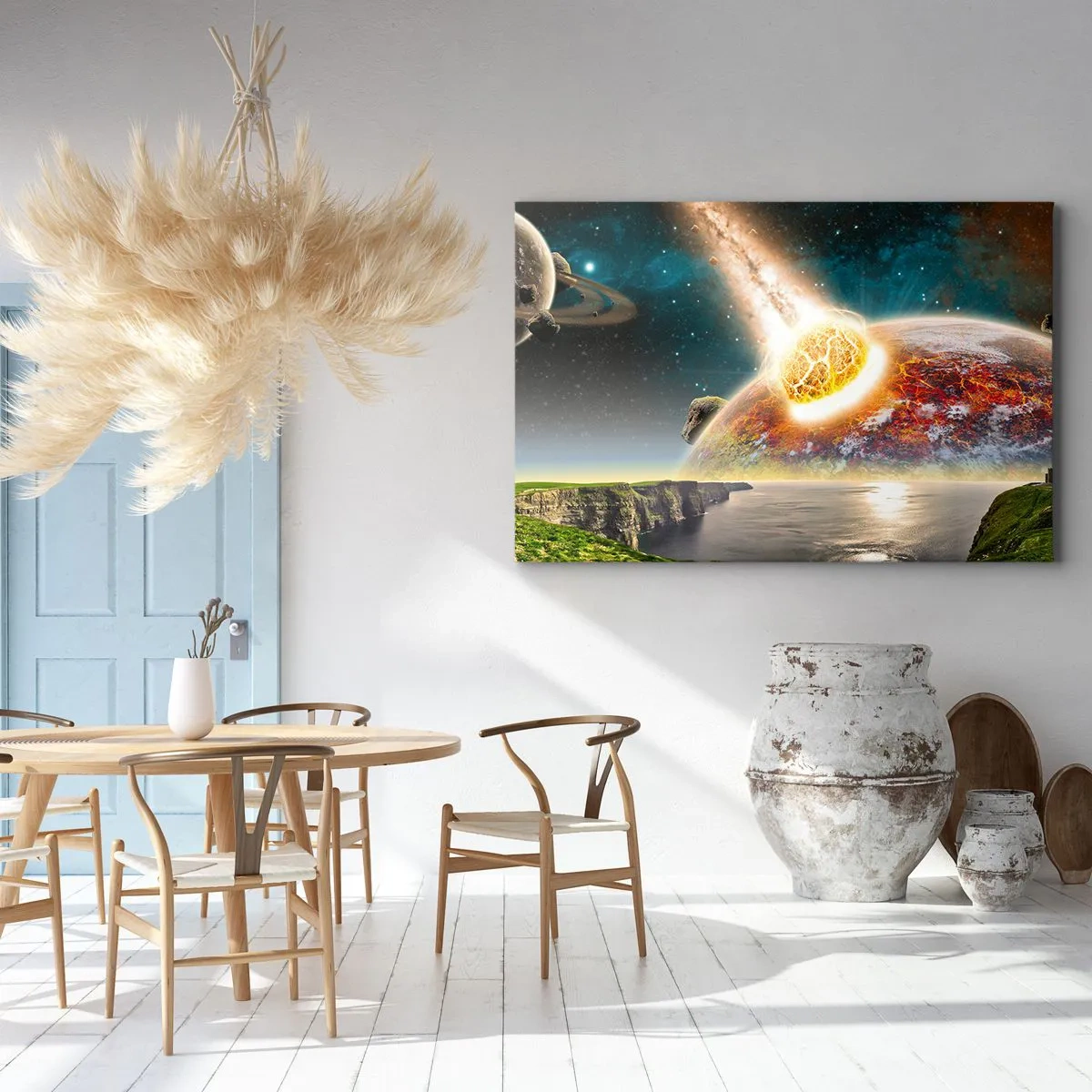 Obraz na płótnie - Zderzenie meteorytu z planetą w kosmicznym krajobrazie - 100x70cm - Kosmiczny dramat - Nowoczesna dekoracja ścienna do salonu, kuchni i sypialni ARTTOR