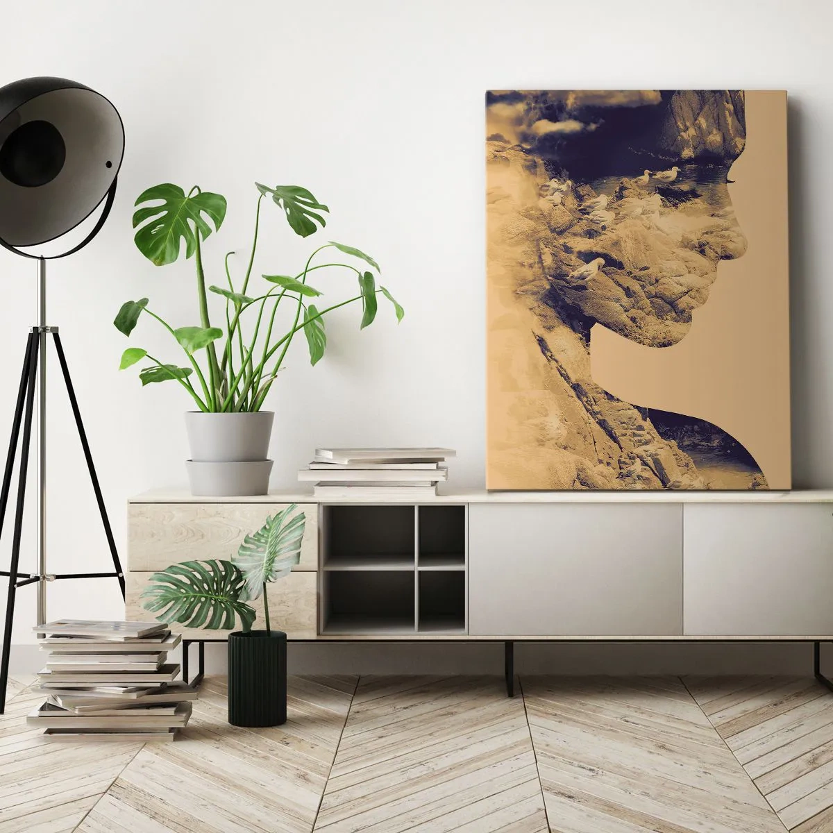 Obraz na płótnie - Profil kobiety z krajobrazem skalistym i mewami w technice podwójnej ekspozycji - 50x70cm - Piękna z natury - Nowoczesna dekoracja ścienna do salonu, kuchni i sypialni ARTTOR