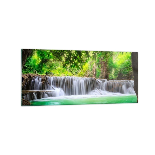 Obraz na szkle - Zielony wodospad otoczony gęstą tropikalną roślinnością - 120x50cm - Kaskada w zieleni - Nowoczesna dekoracja ścienna do salonu i sypialni ARTTOR