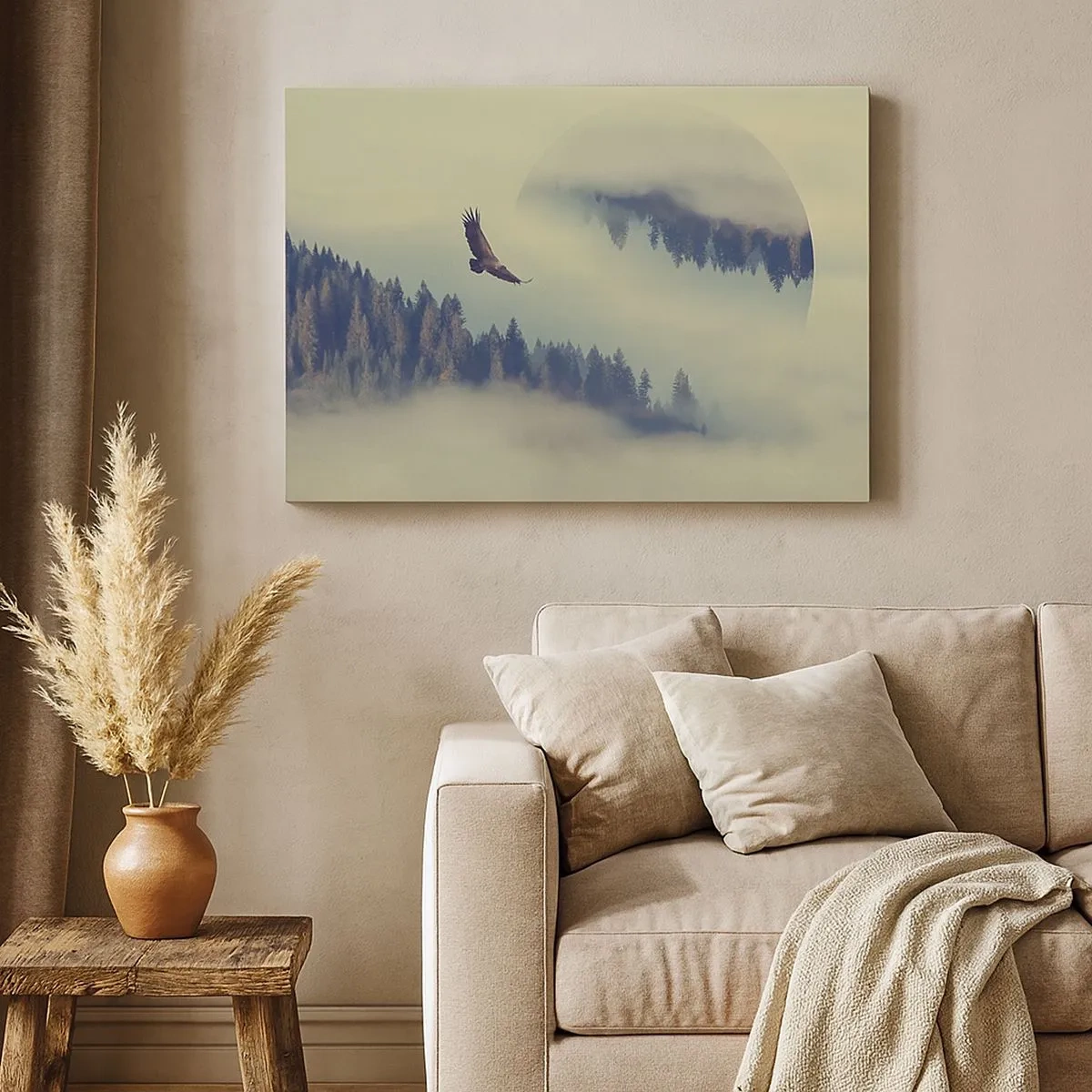 Obraz na płótnie - Orzeł w locie na tle mglistych gór z artystycznym motywem koła - 70x50cm - Widziałam orła cień - Nowoczesna dekoracja ścienna do salonu i sypialni ARTTOR