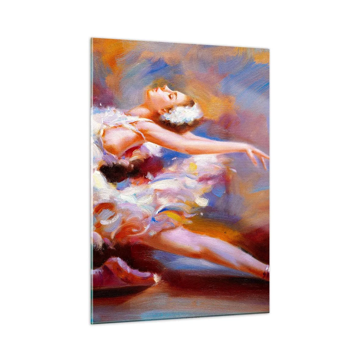 Obraz na szkle - Baletnica w dynamicznej pozie na tle abstrakcyjnych kolorów - 50x70cm - Łabędzia gracja - Nowoczesna dekoracja ścienna do salonu, kuchni i sypialni ARTTOR