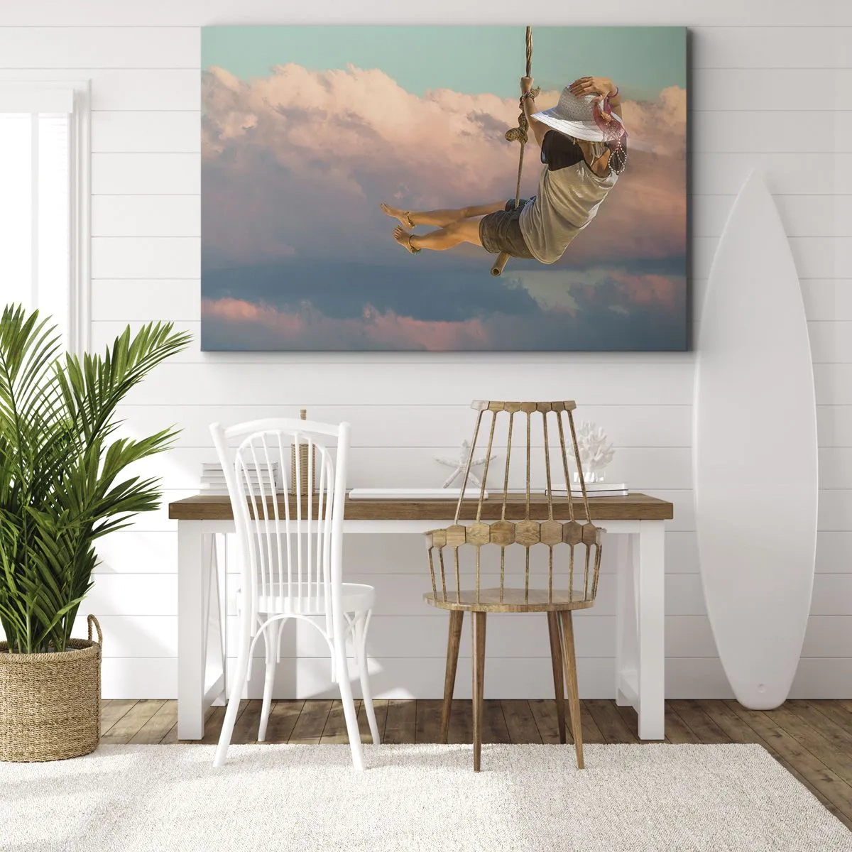 Obraz na płótnie - Kobieta na huśtawce wśród różowych chmur - 70x50cm - Zabawa w obłokach - Nowoczesna dekoracja ścienna do salonu i sypialni ARTTOR