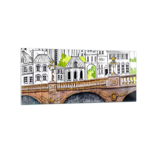 Obraz na szkle - Rysunek mostu i zabytkowej architektury miejskiej - 120x50cm - Miasto jak malowane - Nowoczesna dekoracja ścienna do salonu i sypialni ARTTOR