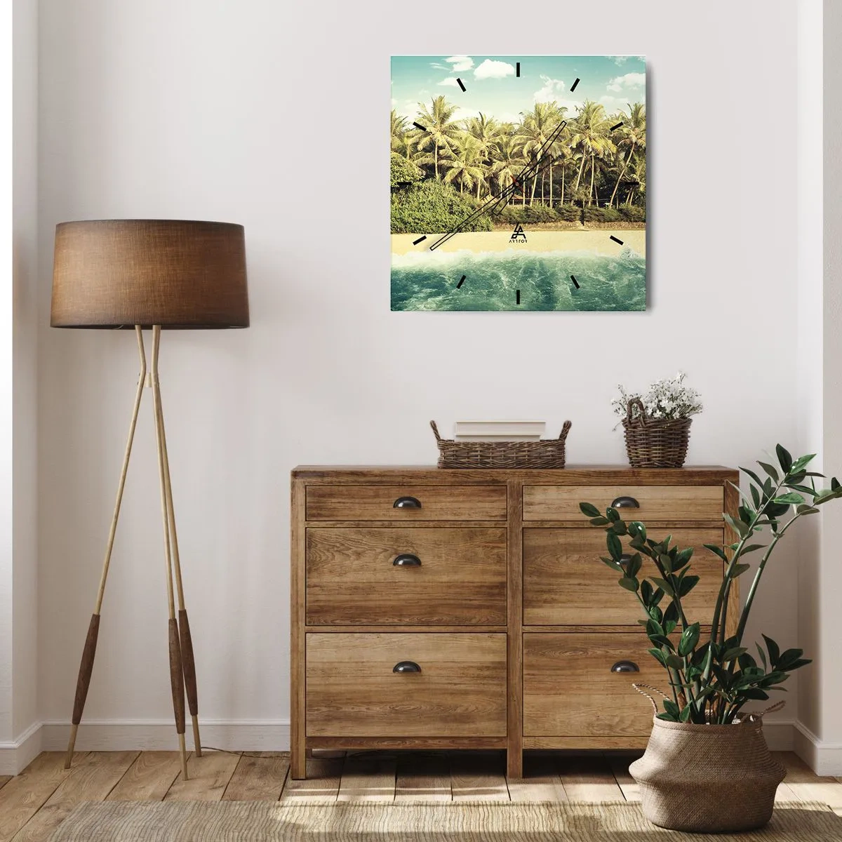 Zegar ścienny - Tropikalna plaża z palmami i turkusowym morzem - 30x30cm - A może tutaj? - Nowoczesna dekoracja ścienna do salonu i sypialni ARTTOR