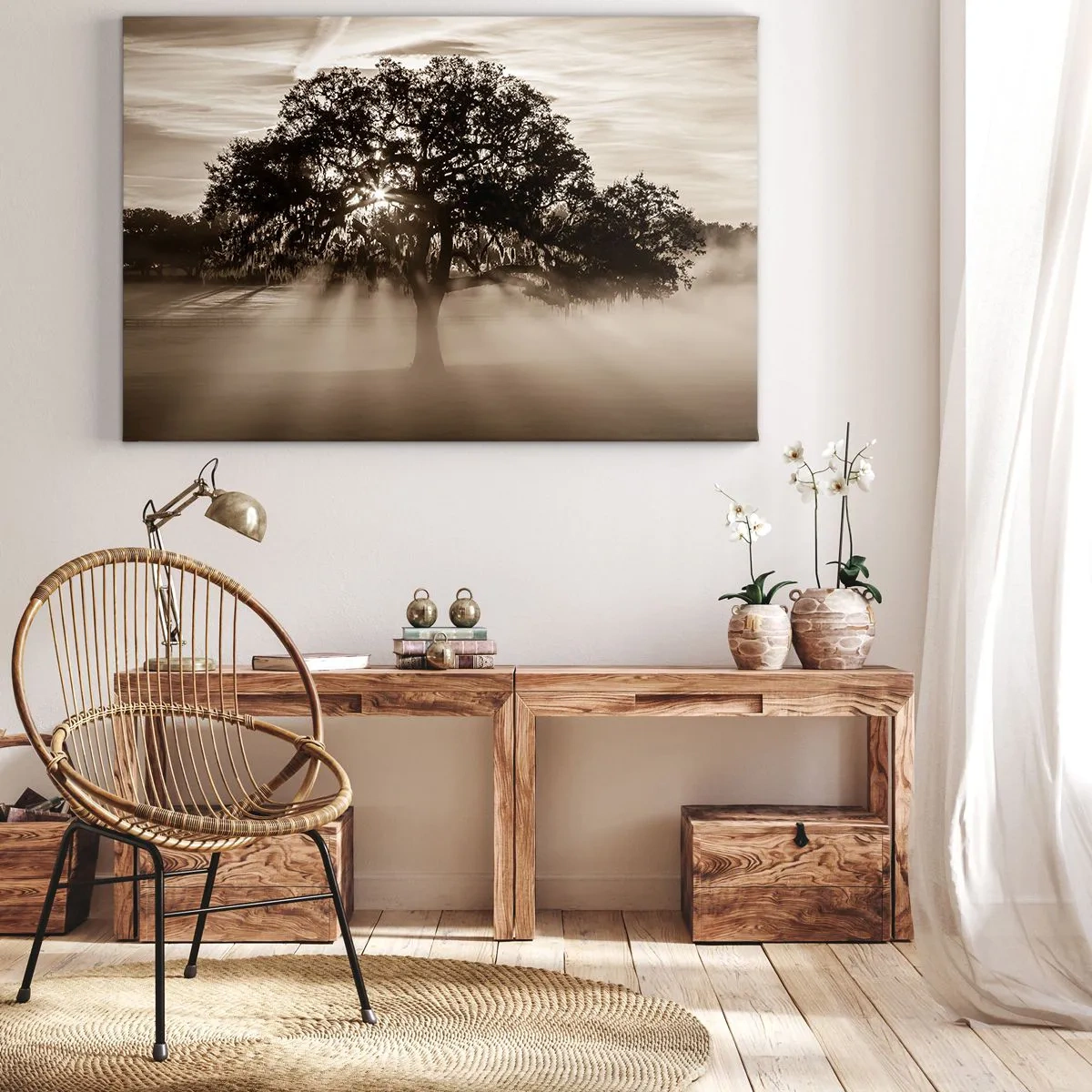 Obraz na płótnie - Promienie słońca przebijające przez samotne drzewo - 70x50cm - Drzewo wiadomości samego dobrego - Nowoczesna dekoracja ścienna do salonu i sypialni ARTTOR