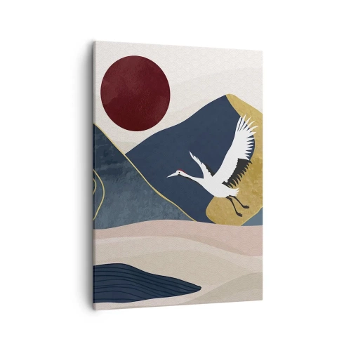 Obraz na płótnie - Minimalistyczna ilustracja z lecącym żurawiem na tle gór i czerwonego słońca - 50x70cm - I znowu ZLECIAŁ dzień - Nowoczesna dekoracja ścienna do salonu, kuchni i sypialni ARTTOR