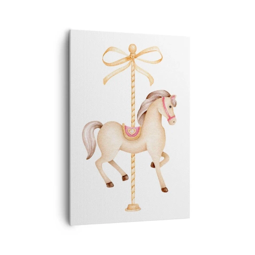 Obraz na płótnie - Koń karuzelowy z kokardą w delikatnych pastelach - 70x100cm - Wdzięcznym kłusem - Nowoczesna dekoracja ścienna do salonu i sypialni ARTTOR
