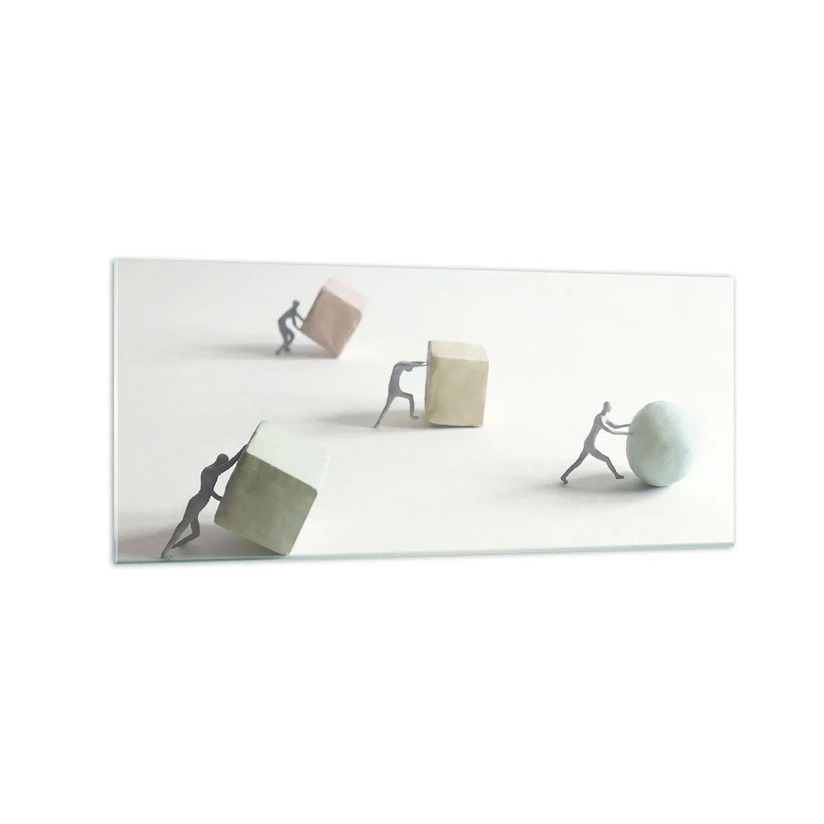 Obraz na szkle - Miniaturowe postacie pchające kształty na jasnym tle - 120x50cm - Samo życie - Nowoczesna dekoracja ścienna do salonu i sypialni ARTTOR