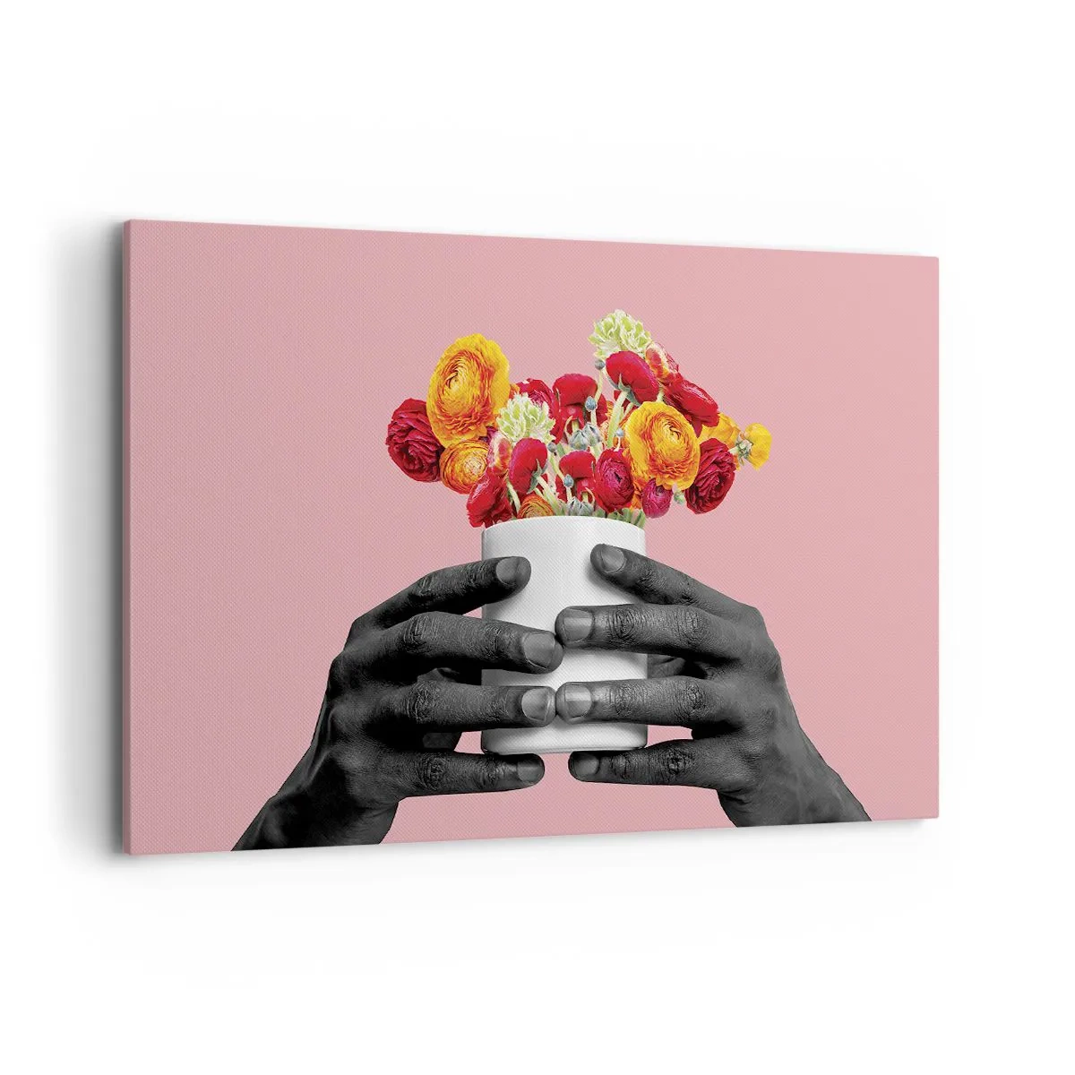Obraz na płótnie - Dłonie trzymające bukiet kolorowych kwiatów - 120x80cm - Apoteoza życia - Nowoczesna dekoracja ścienna do salonu, kuchni i sypialni ARTTOR