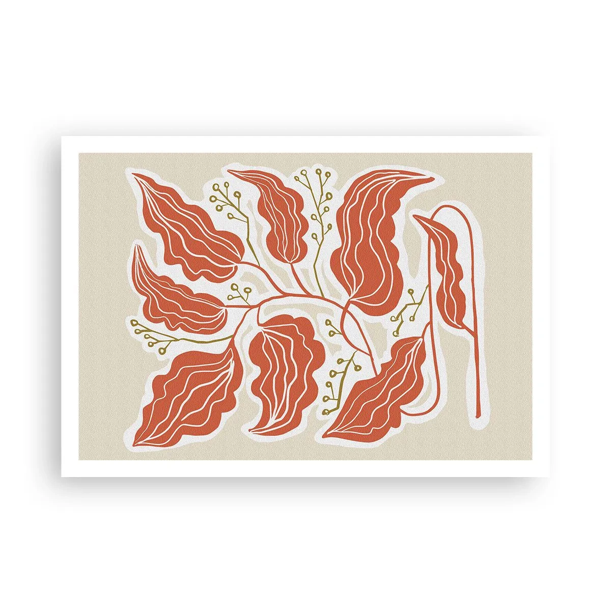 Plakat - Minimalistyczny motyw liści w odcieniach pomarańczowego i zielonego - 100x70cm - Ludowo i koralowo - Nowoczesna dekoracja ścienna do salonu i sypialni ARTTOR