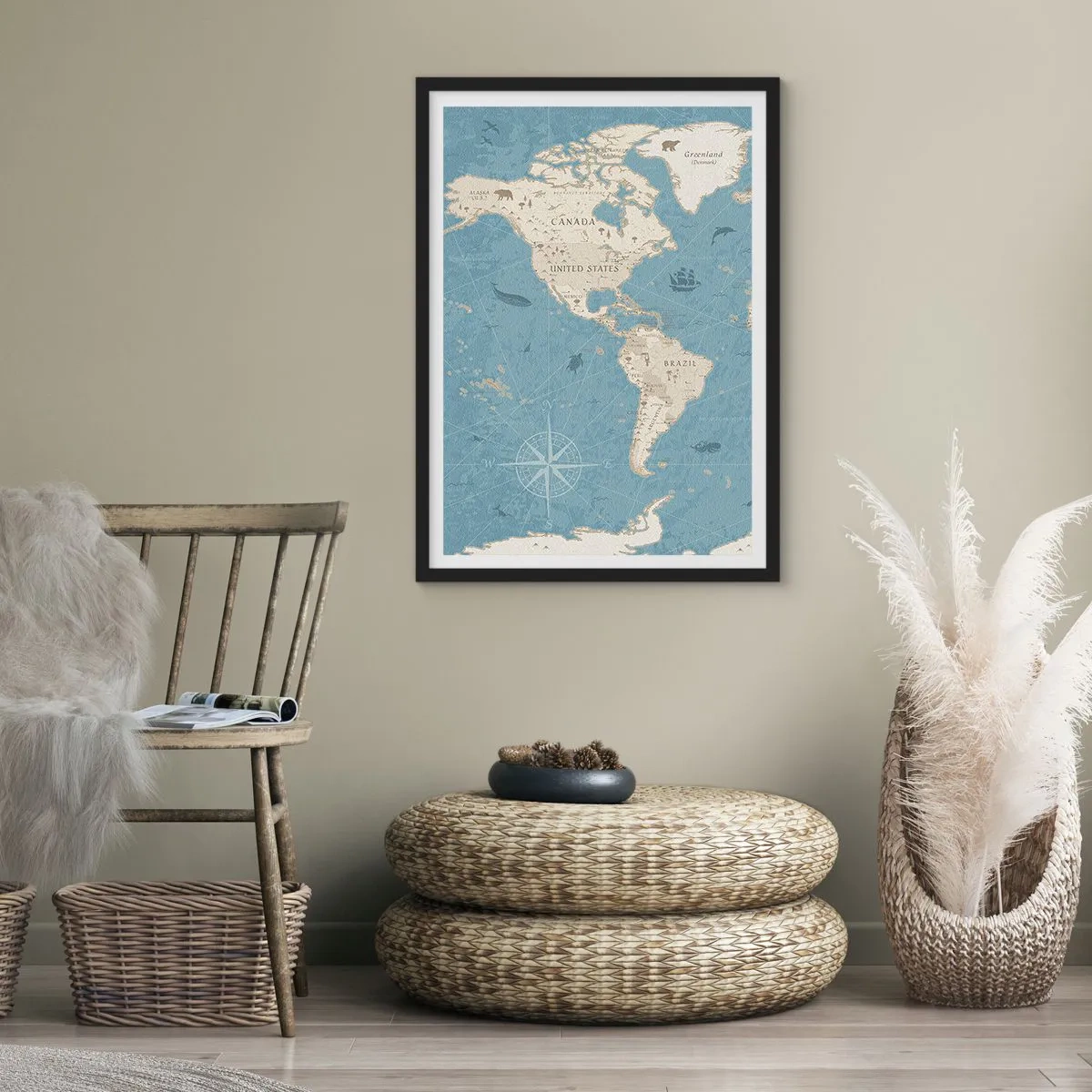 Plakat w czarnej ramie - Stylizowana mapa Ameryki Północnej i Południowej - 50x70cm - Świat w zasięgu ręki - Nowoczesna dekoracja ścienna do salonu i sypialni ARTTOR