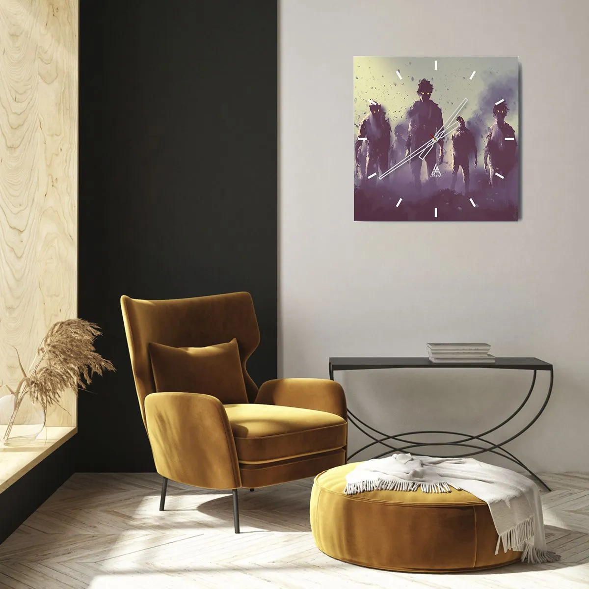 Zegar ścienny - Mroczna scena z sylwetkami z żółtymi oczami - 30x30cm - Uważaj! Nadchodzą - Nowoczesna dekoracja ścienna do salonu i sypialni ARTTOR