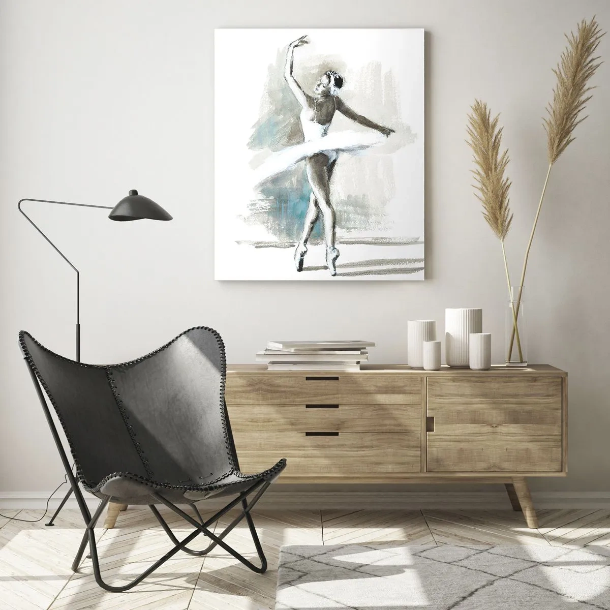 Obraz na szkle - Tancerka baletowa w pozie baletowej na tle delikatnych akwarelowych tonacji - 80x120cm - Zaklęta w łabędzia - Nowoczesna dekoracja ścienna do salonu i sypialni ARTTOR