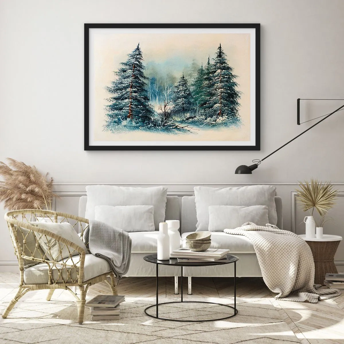 Plakat w czarnej ramie - Zimowy krajobraz z zaśnieżonymi drzewami - 100x70cm - Gotowe do Świąt - Nowoczesna dekoracja ścienna do salonu i sypialni ARTTOR